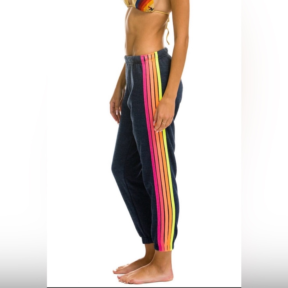 NEW Aviator Nation Sweatpants 5 Stripe Heather Navy/Neon Large Womens